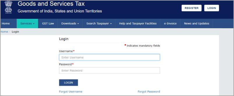 login page of gst portal
